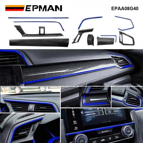 EPMAN 10SETS/CARTON 11PCS For Honda Civic Seden 2016 2017 2018 2019 2020 Carbon Fiber Car Console Center Dashboard Cover Trim Decorative Stickers EPAA08G40-10T