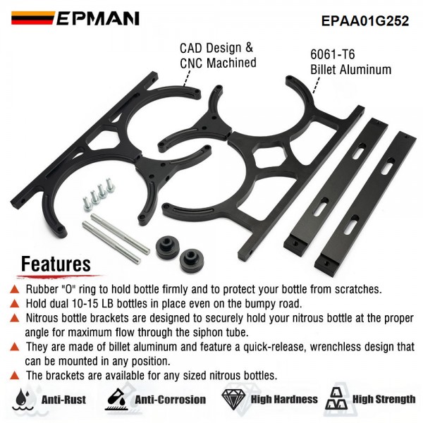 EPMAN Nitrous Oxide NOS Black Billet Aluminum Dual Bottles Holder Bracket EPAA01G252