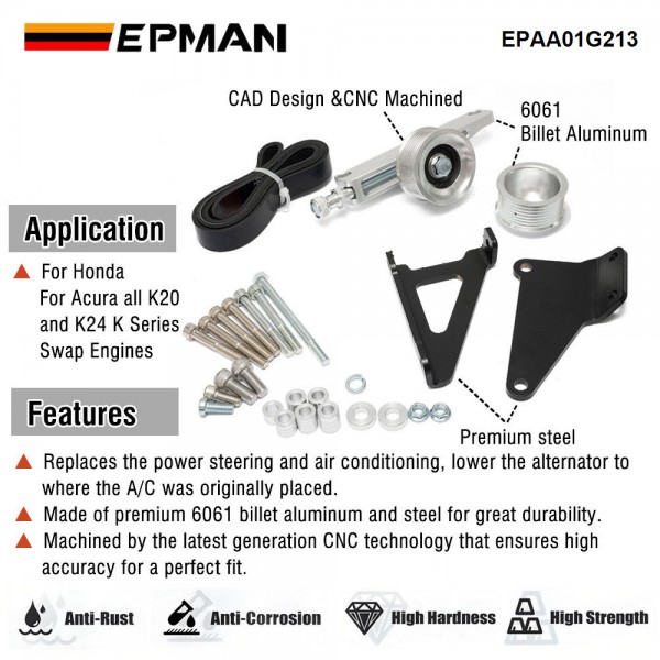 EPMAN K Series A/C & P/S Eliminator Kit With Belt Replacement Pulley Kit For Honda For Acura K20 K24 KSwap RSX EPAA01G213