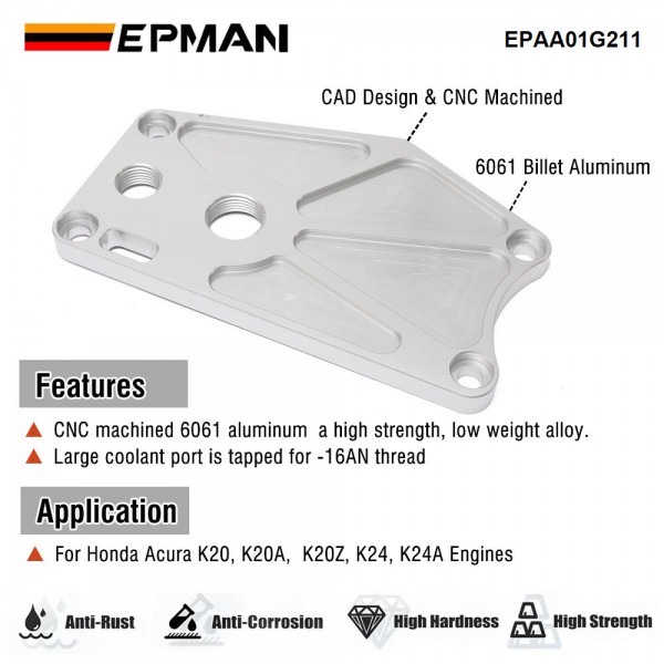 EPMAN Billet Aluminum K-series Water Pump Block Off Plate /-10 Breather Port For Honda Acura K20 K24 Engines EPAA01G211