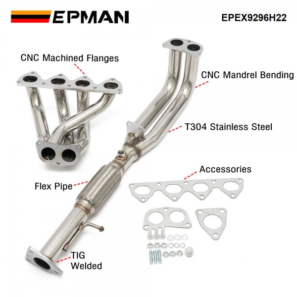 EPMAN For Honda Prelude H22 H-Series 92-96 Swap 4-2-1Tri-Y Exhaust Header + Flex Piping EPEX9296H22