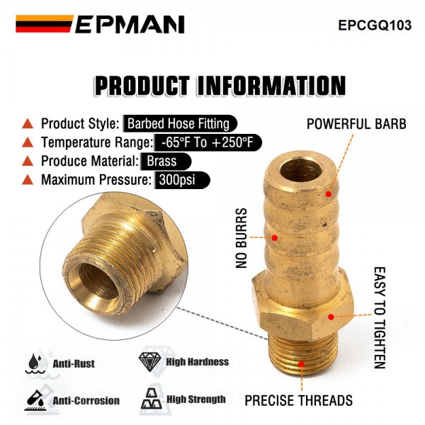 EPMAN Straight 3/8 ID Hose Barb 1/8 Male NPT Brass Fitting Adapters For Vacuum Line, Fuel Pump, Oil Cooler EPCGQ103