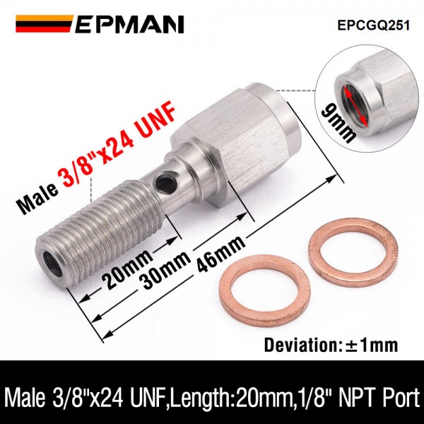 EPMAN 3/8"x24 UNF / M10 x 1.25 Stainless Steel 20mm Banjo Bolt + 1/8" NPT Brake Light Switch Port Hose Fitting Adaptor