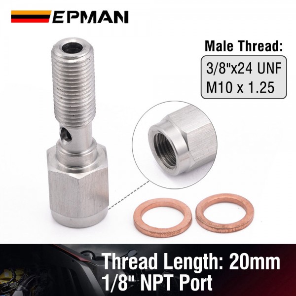 EPMAN 3/8"x24 UNF / M10 x 1.25 Stainless Steel 20mm Banjo Bolt + 1/8" NPT Brake Light Switch Port Hose Fitting Adaptor