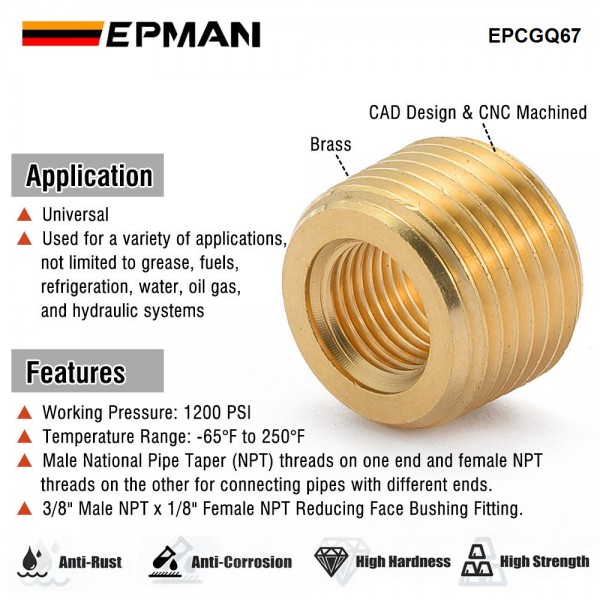 EPMAN Brass Pipe Fitting 3/8" NPT Male to 1/8" NPT Female Reducer Face Bushing EPCGQ67