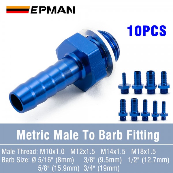 EPMAN 10PCS M10x1.0 M12x1.5 M14x1.5 M18x1.5 To 5/16" 3/8" 1/2" 5/8" 3/4" Metric To Barb Push On Hose Fitting Adapter